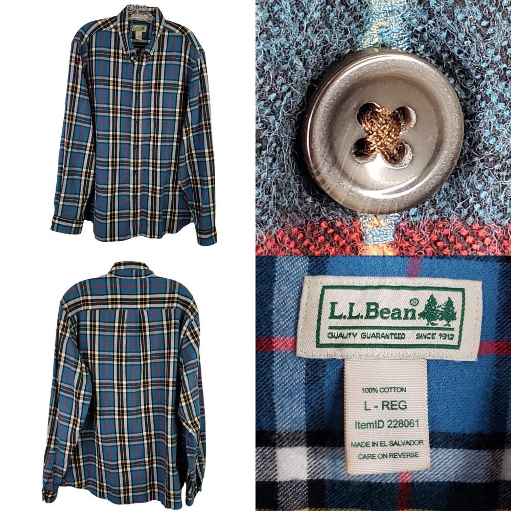LL Bean Shirt LS Mens Size Large L Plaid Blue Cotton Flannel Button Up Cabin
